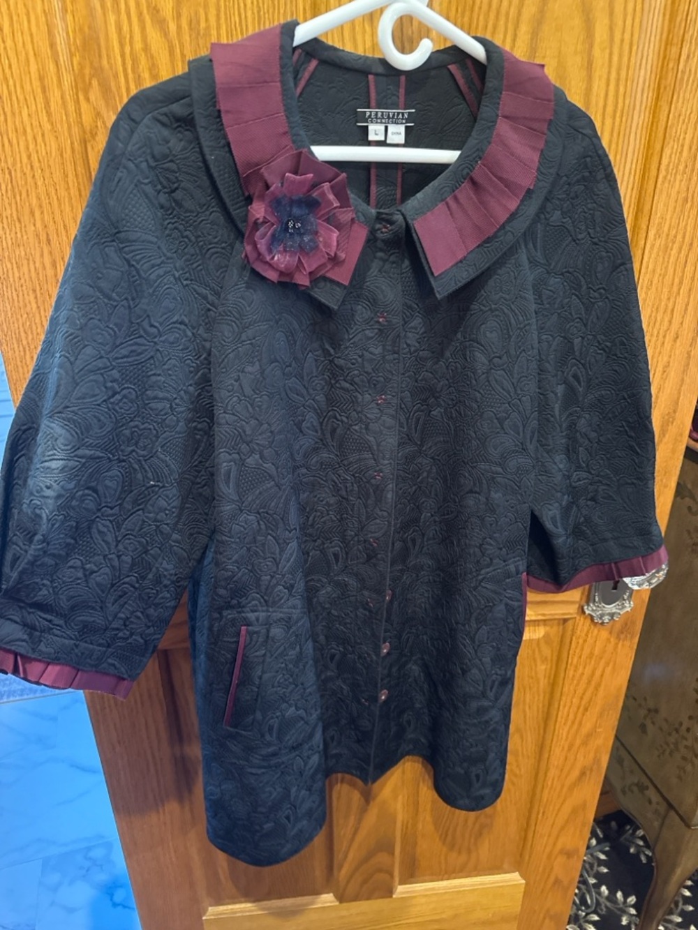 Peruvian Connection Black Jacket with Burgundy Trim